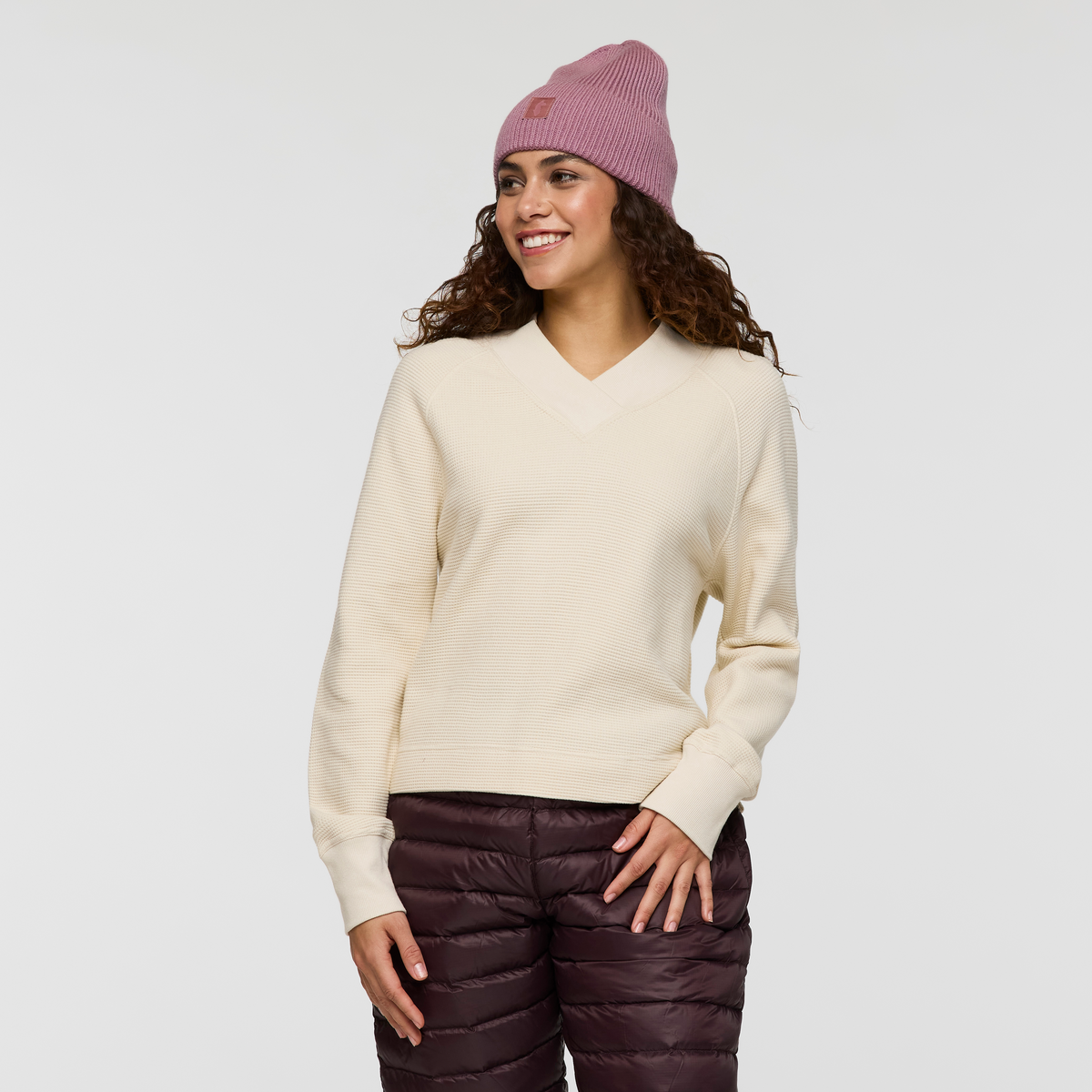 Atajo Long Sleeve Waffle V Neck   Women's